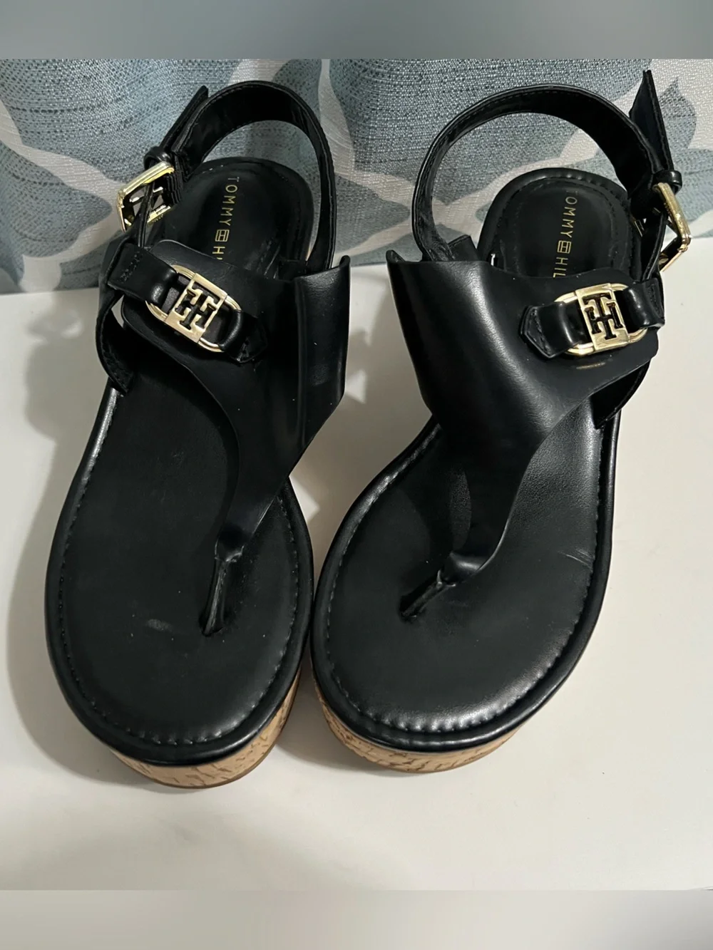 Tommy Hilfiger black  with tan heels Wedges